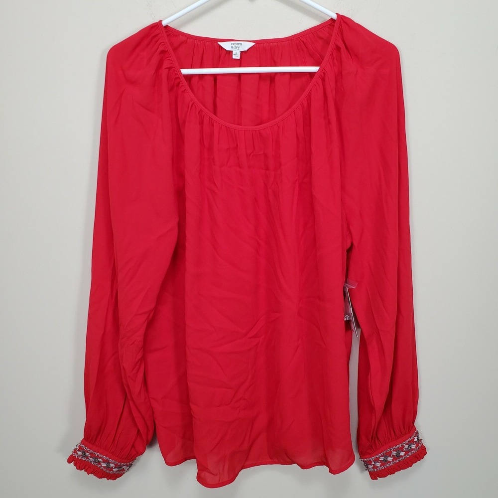 Crown & Ivy womens size L Large Red Semi Sheer Beaded Sleeve Cuff Top NWT Blouse